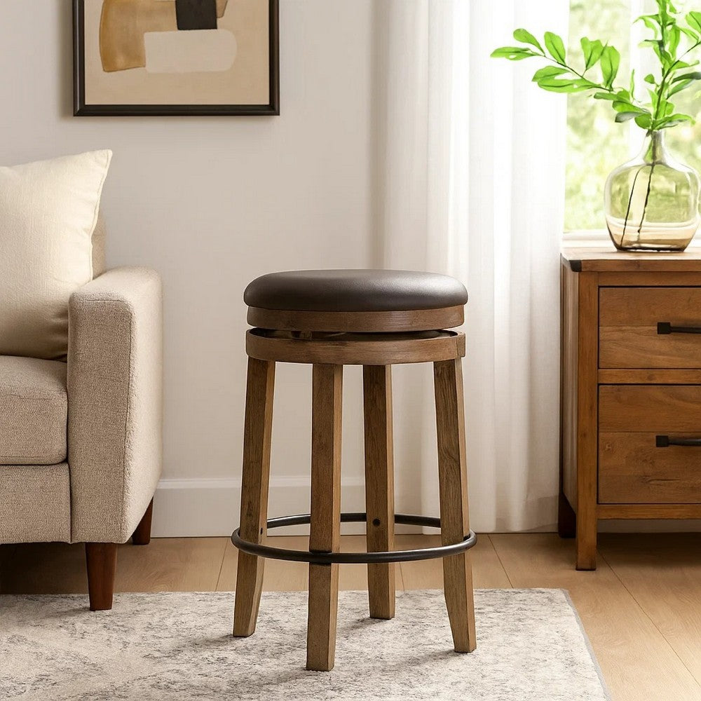 Benjara Yael Swivel Counter Stool Set of 2, Gray Faux Leather, Brown, Black