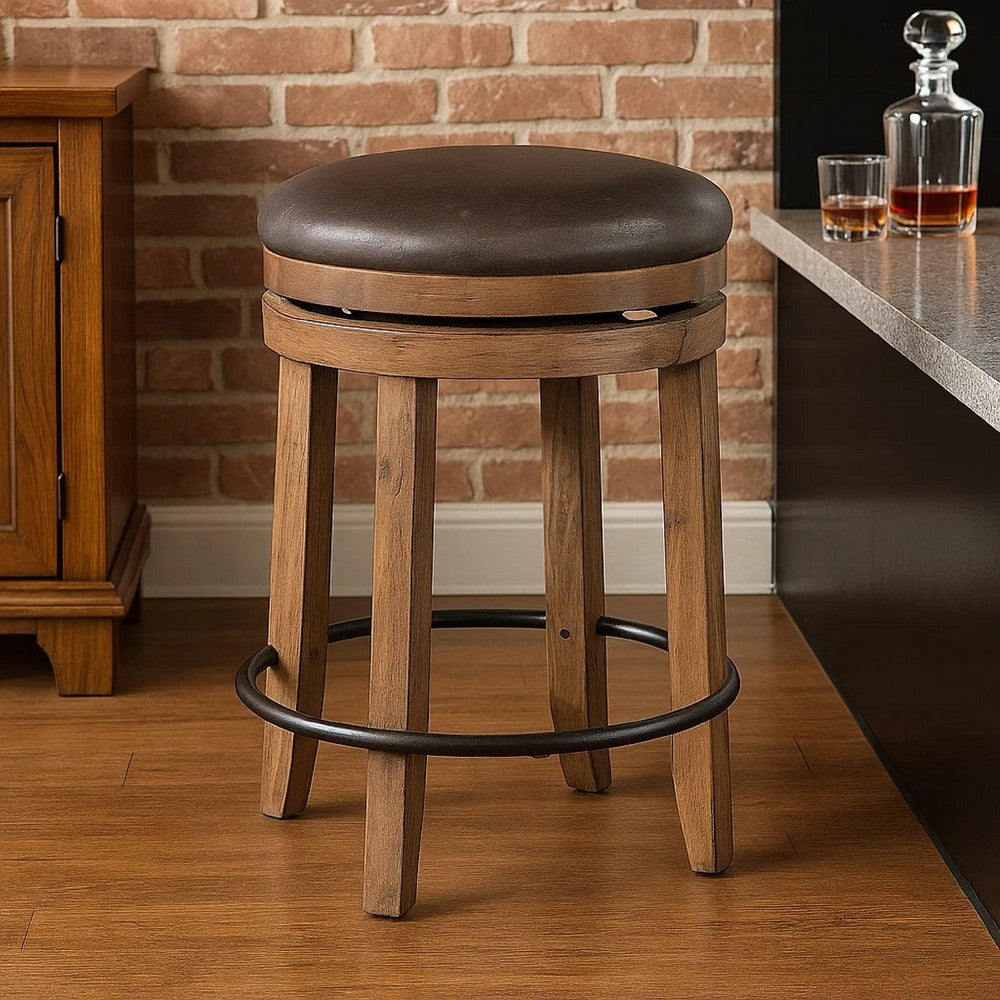 Benjara Yael Swivel Counter Stool Set of 2, Gray Faux Leather, Brown, Black