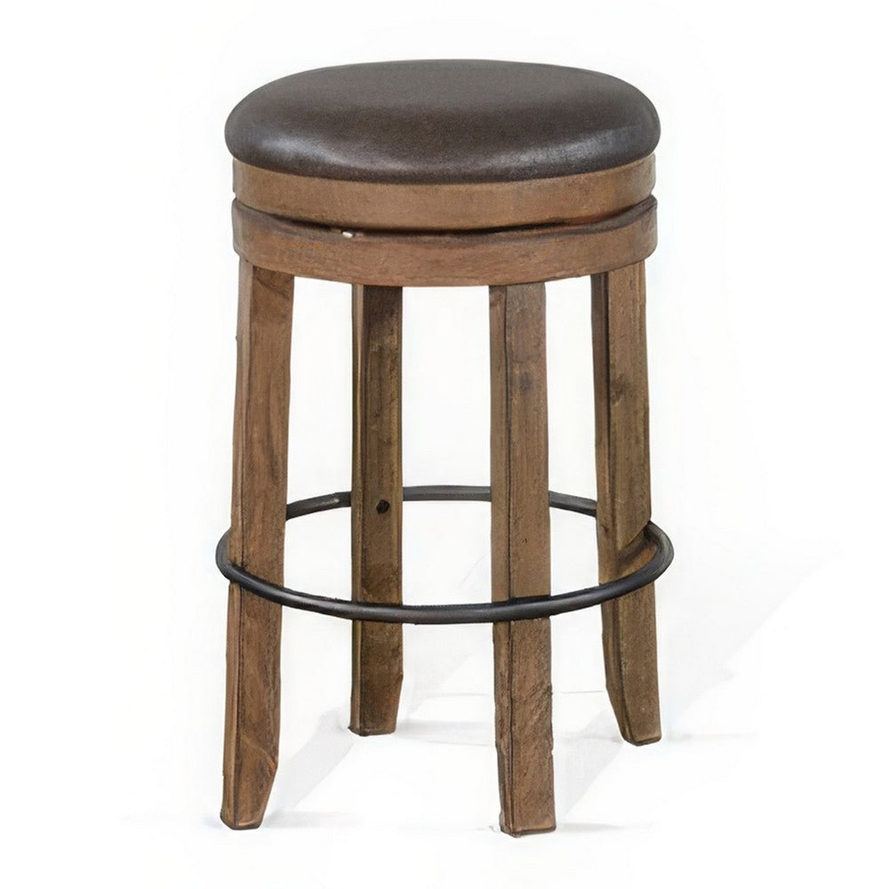 Benjara Yael Swivel Backless Barstool Set of 2, Gray Faux Leather, Brown Wood