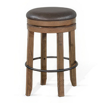 Benjara Yael Swivel Backless Barstool Set of 2, Gray Faux Leather, Brown Wood