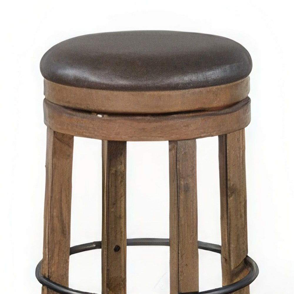 Benjara Yael Swivel Backless Barstool Set of 2, Gray Faux Leather, Brown Wood