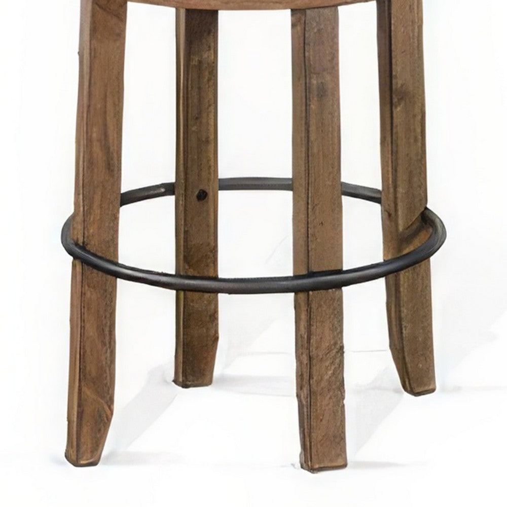 Benjara Yael Swivel Backless Barstool Set of 2, Gray Faux Leather, Brown Wood