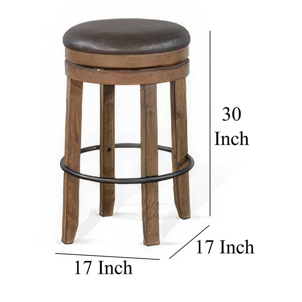 Benjara Yael Swivel Backless Barstool Set of 2, Gray Faux Leather, Brown Wood