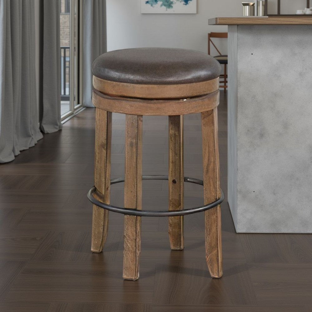 Benjara Yael Swivel Backless Barstool Set of 2, Gray Faux Leather, Brown Wood