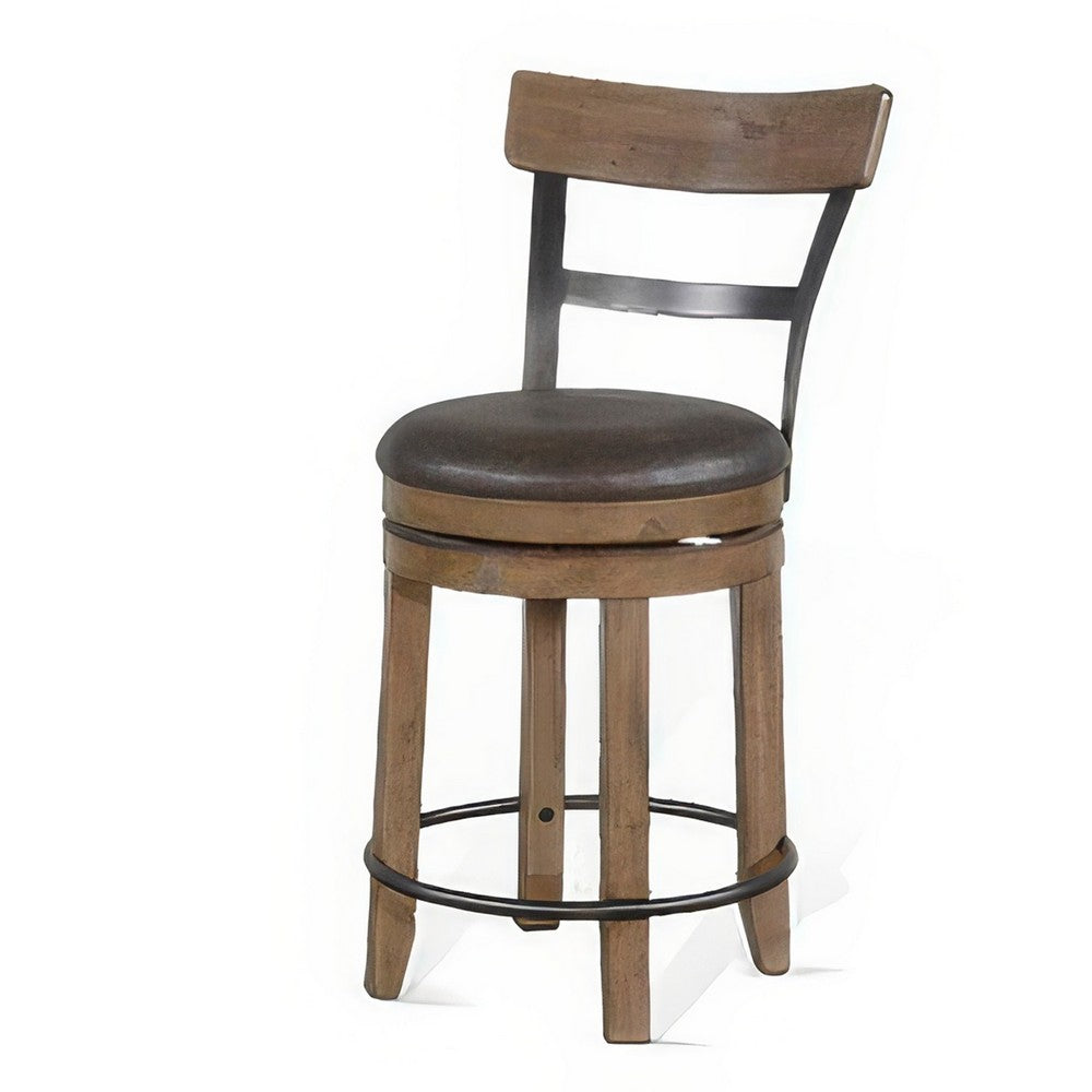 Benjara Yael Swivel Counter Stool Chair Set of 2, Gray Faux Leather Brown Wood