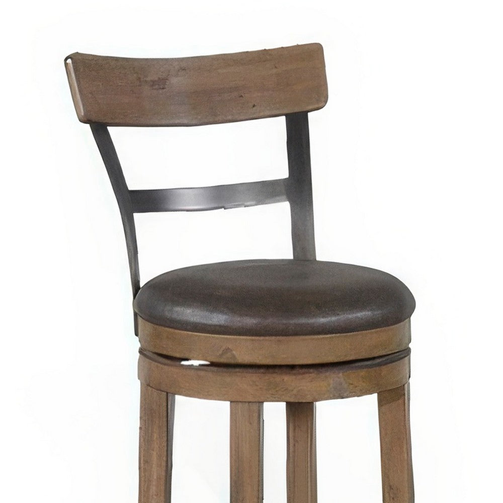 Benjara Yael Swivel Counter Stool Chair Set of 2, Gray Faux Leather Brown Wood