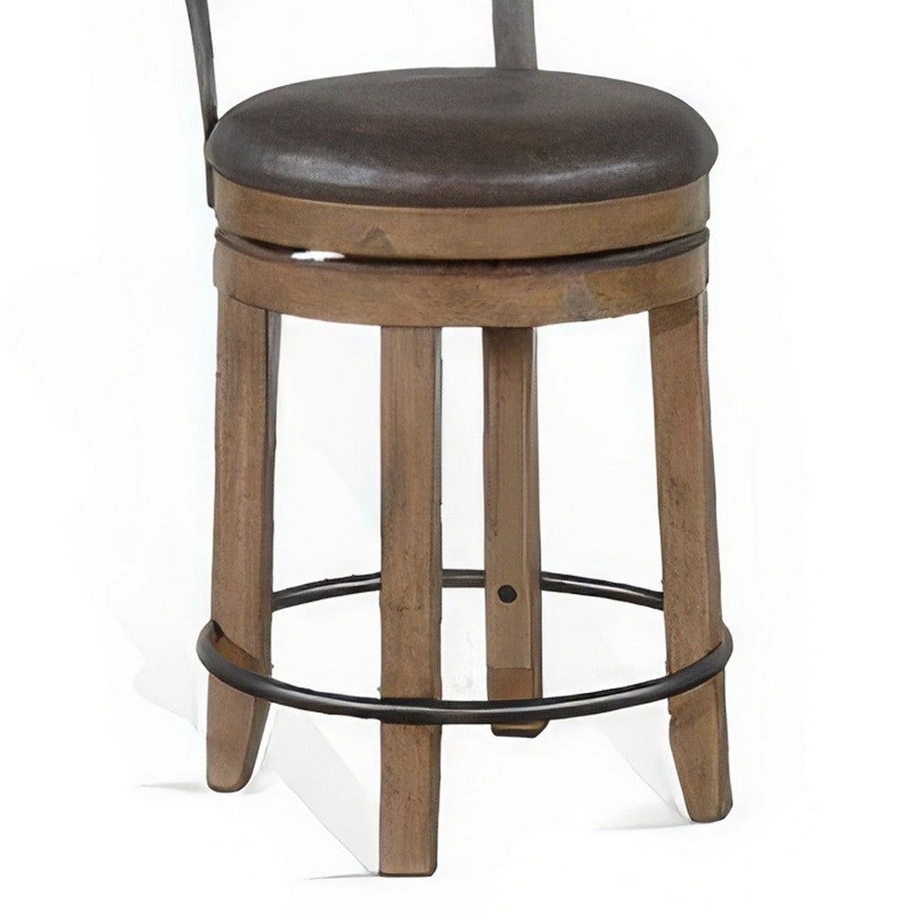 Benjara Yael Swivel Counter Stool Chair Set of 2, Gray Faux Leather Brown Wood