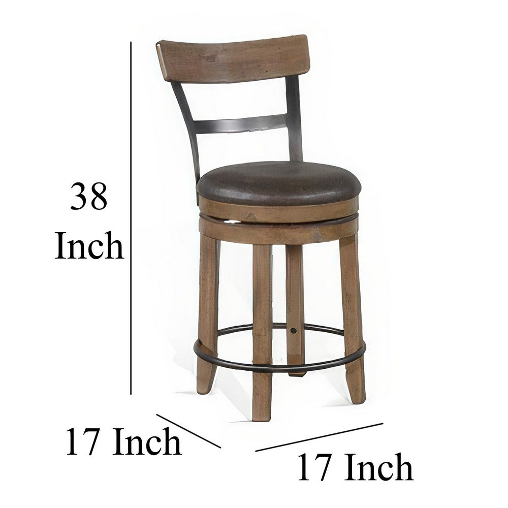 Benjara Yael Swivel Counter Stool Chair Set of 2, Gray Faux Leather Brown Wood