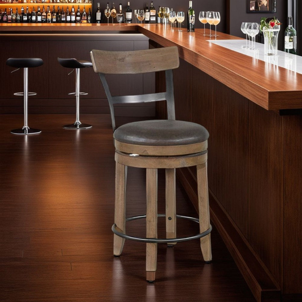 Benjara Yael Swivel Counter Stool Chair Set of 2, Gray Faux Leather Brown Wood