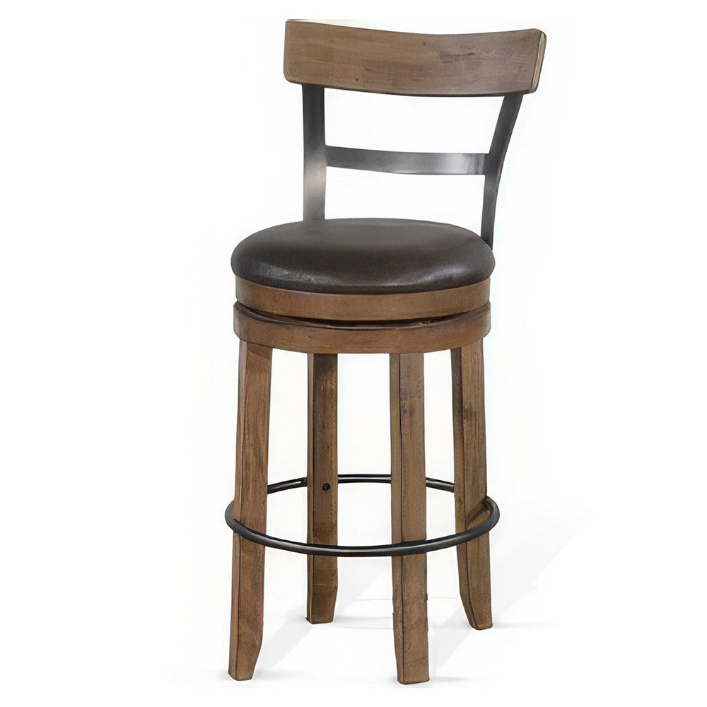 Benjara Yael Swivel Barstool Chair Set of 2, Gray Faux Leather, Brown, Black