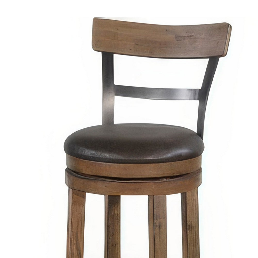 Benjara Yael Swivel Barstool Chair Set of 2, Gray Faux Leather, Brown, Black