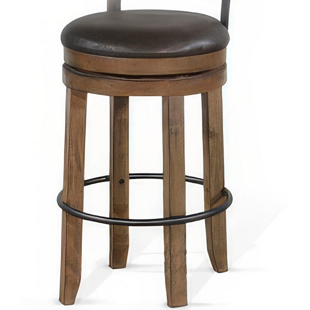 Benjara Yael Swivel Barstool Chair Set of 2, Gray Faux Leather, Brown, Black