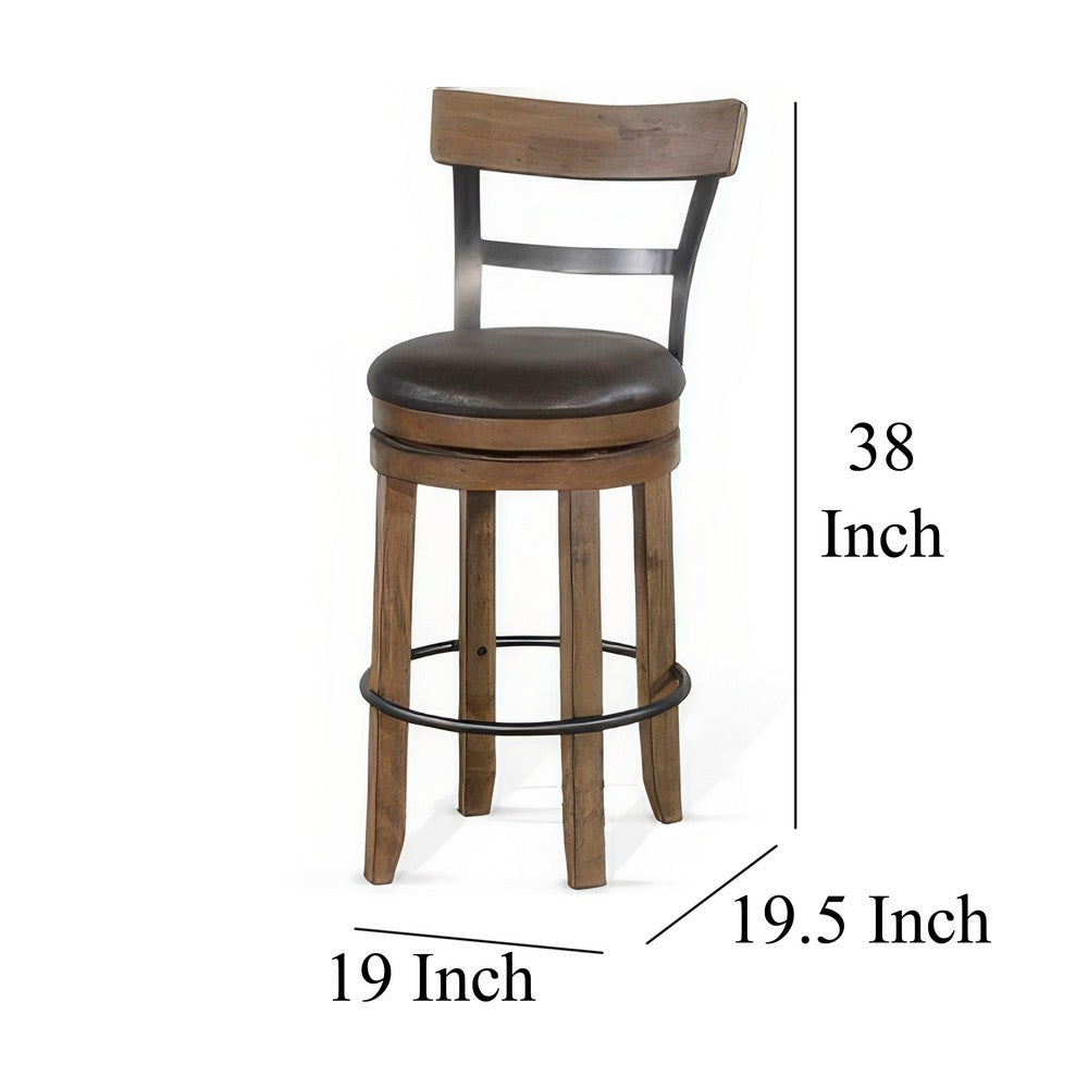 Benjara Yael Swivel Barstool Chair Set of 2, Gray Faux Leather, Brown, Black