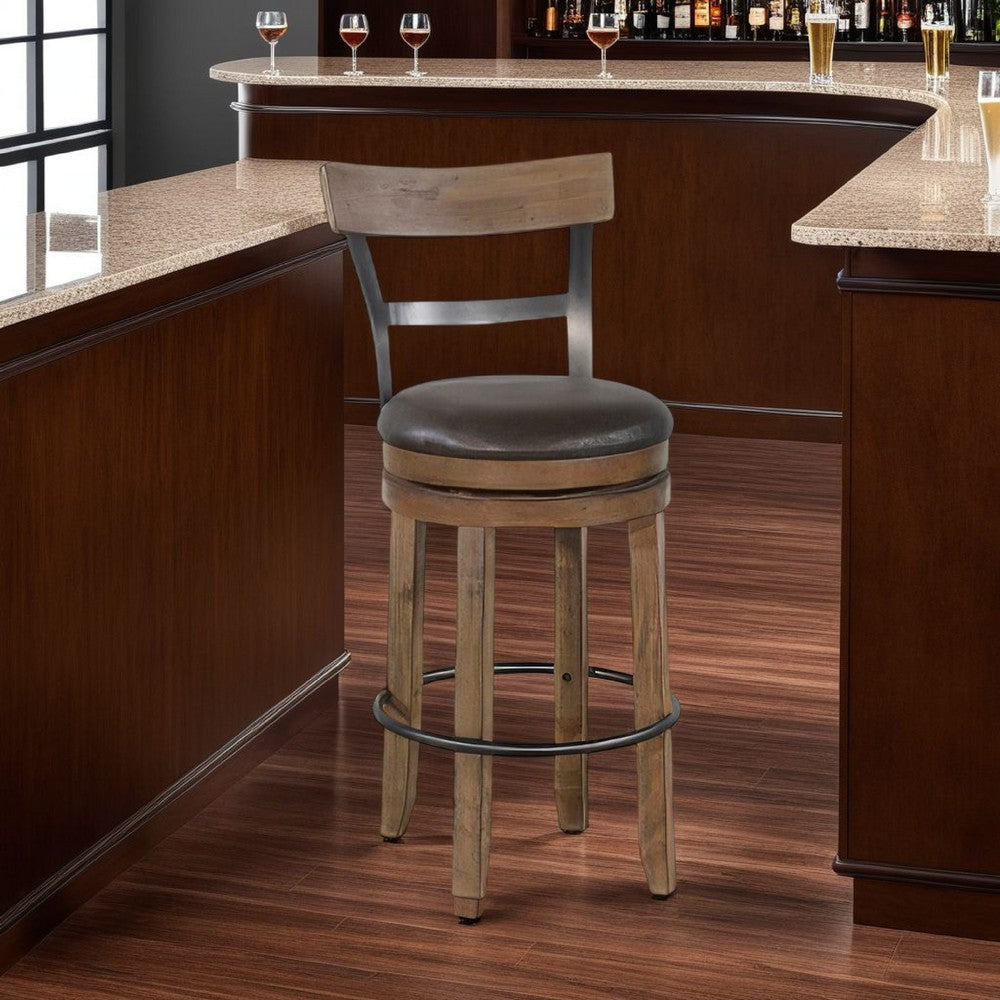 Benjara Yael Swivel Barstool Chair Set of 2, Gray Faux Leather, Brown, Black