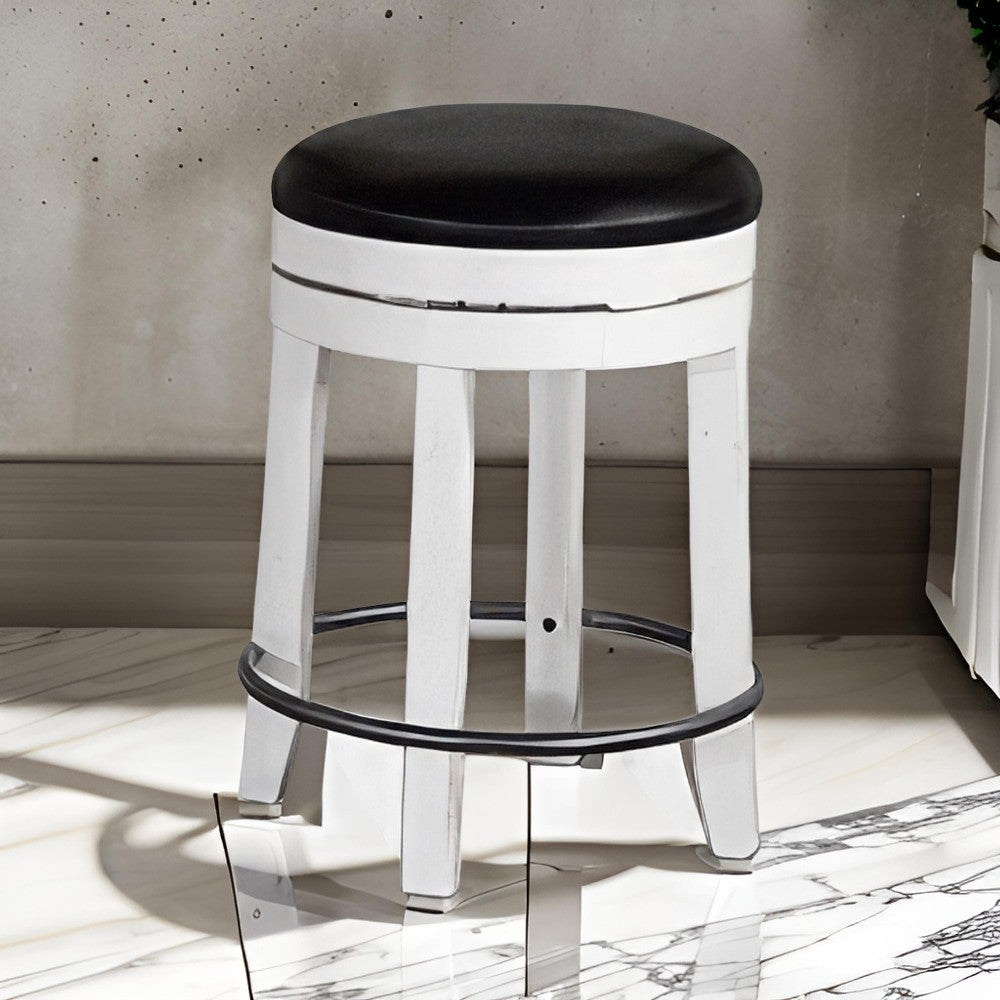 Benjara Orso Swivel Counter Stool Set of 2, Black Faux Leather, White Wood