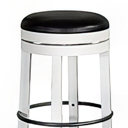 Benjara Orso Swivel Barstool Set of 2, Black Faux Leather, White Wood, Black