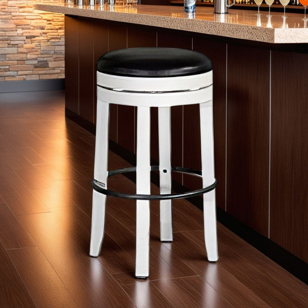 Benjara Orso Swivel Barstool Set of 2, Black Faux Leather, White Wood, Black