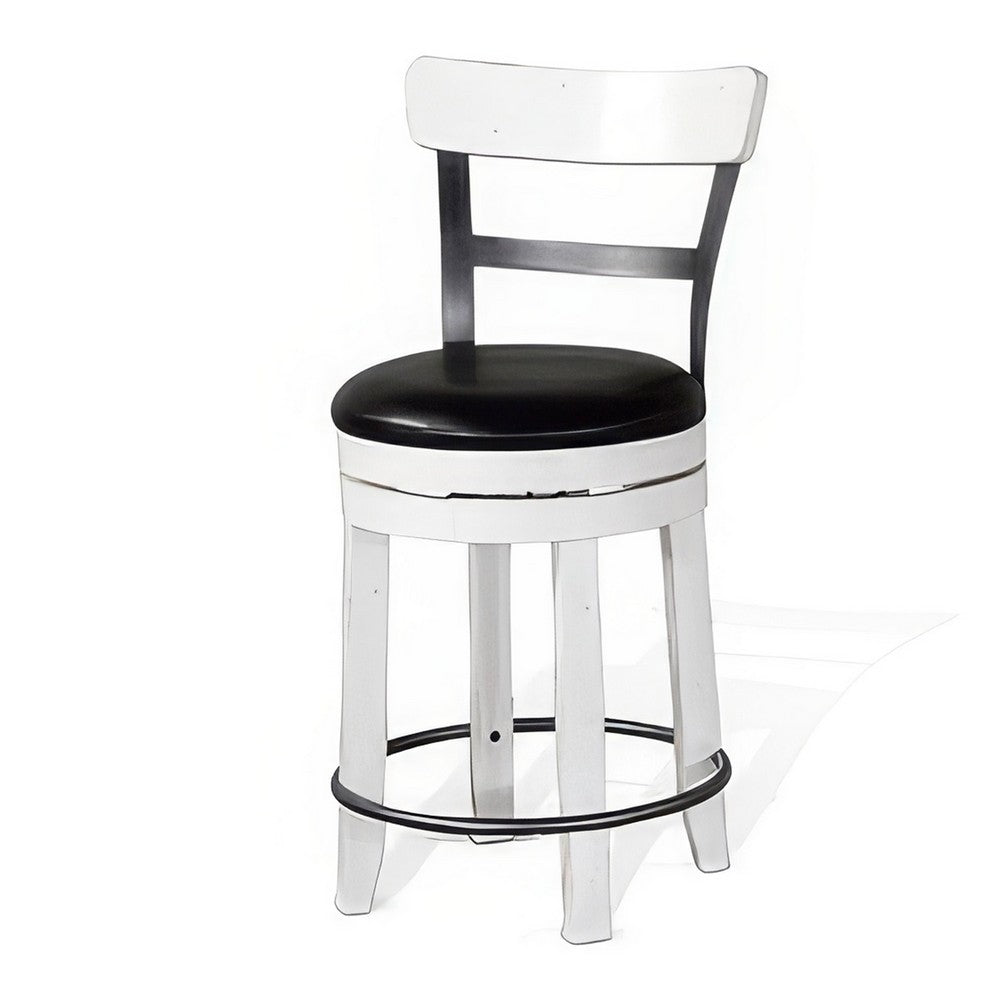 Benjara Orso Swivel Counter Stool Chair Set of 2, Black Faux Leather, White