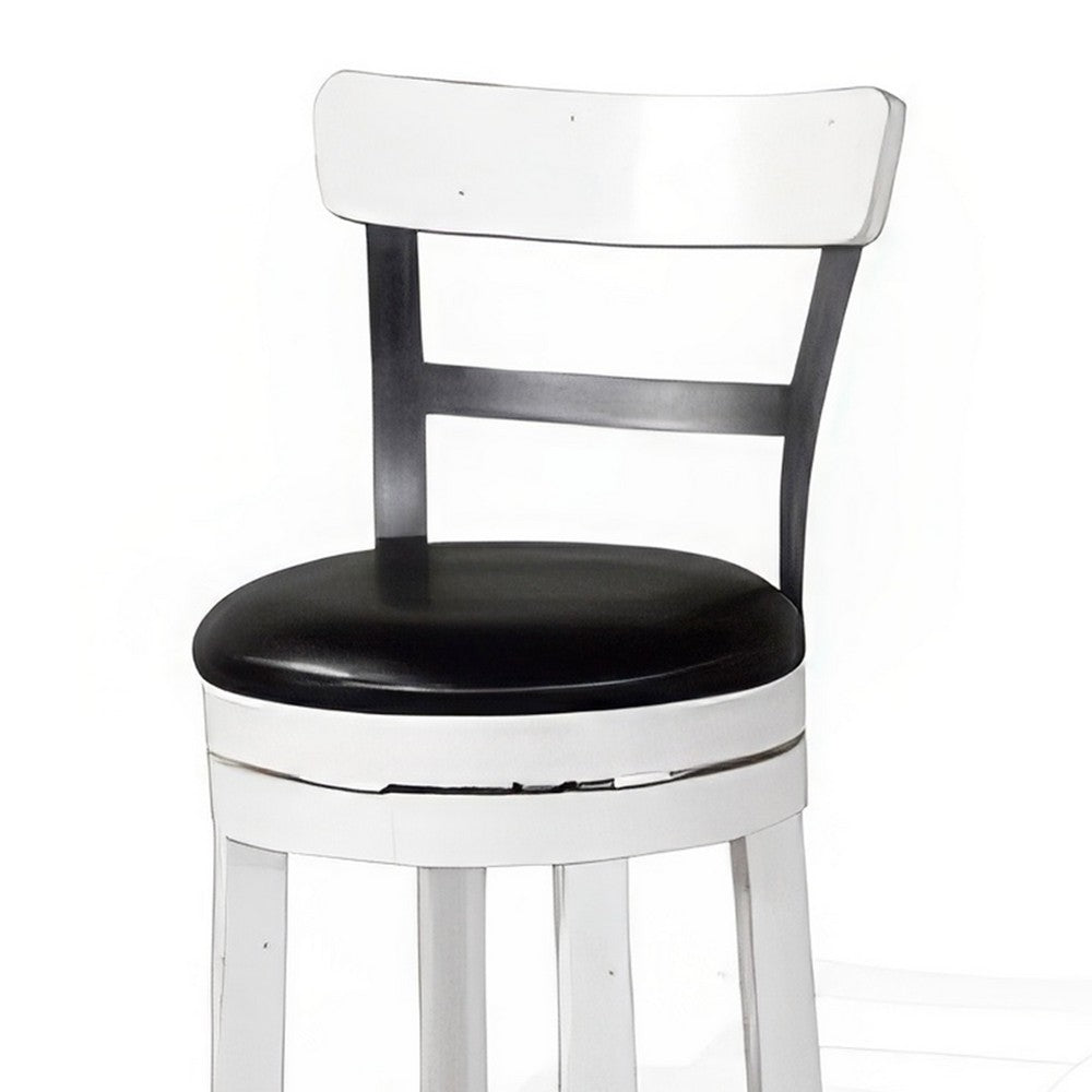 Benjara Orso Swivel Counter Stool Chair Set of 2, Black Faux Leather, White