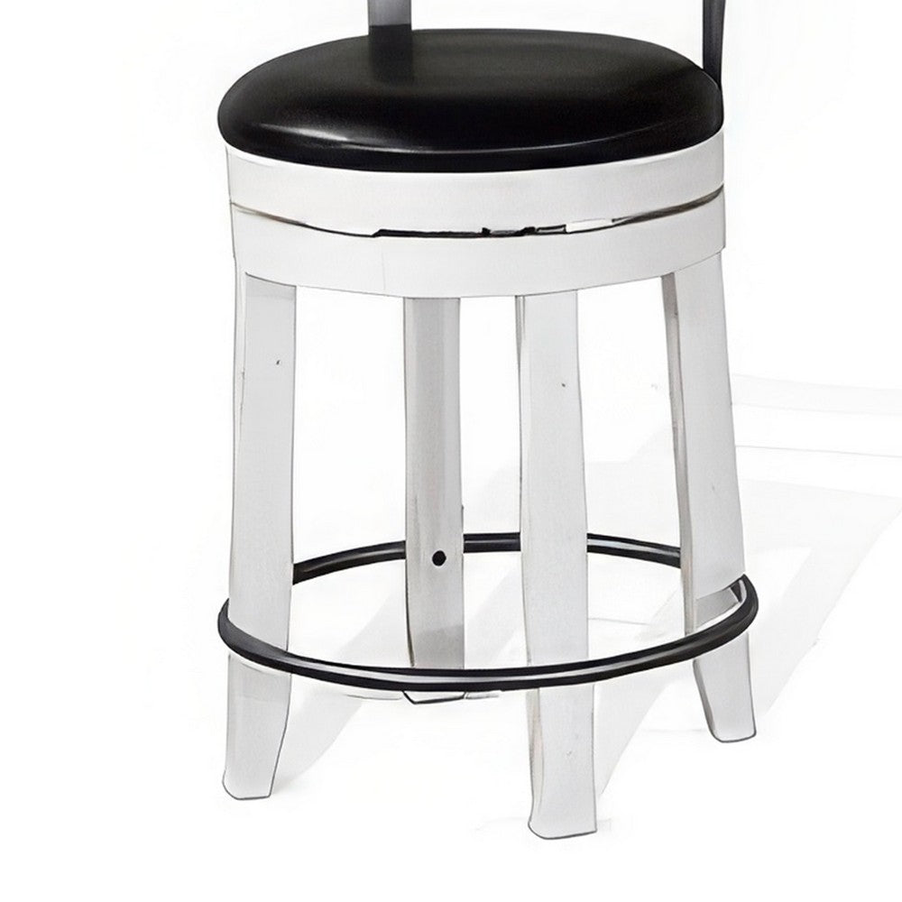 Benjara Orso Swivel Counter Stool Chair Set of 2, Black Faux Leather, White
