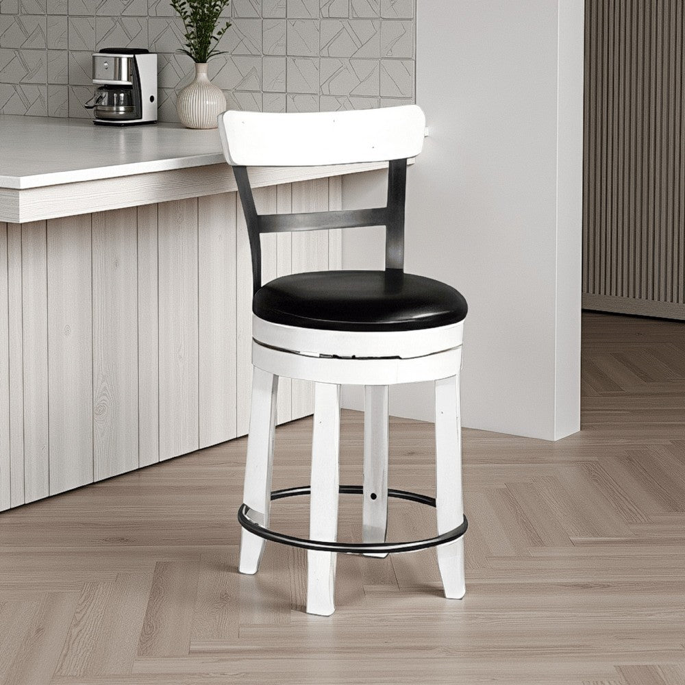 Benjara Orso Swivel Counter Stool Chair Set of 2, Black Faux Leather, White