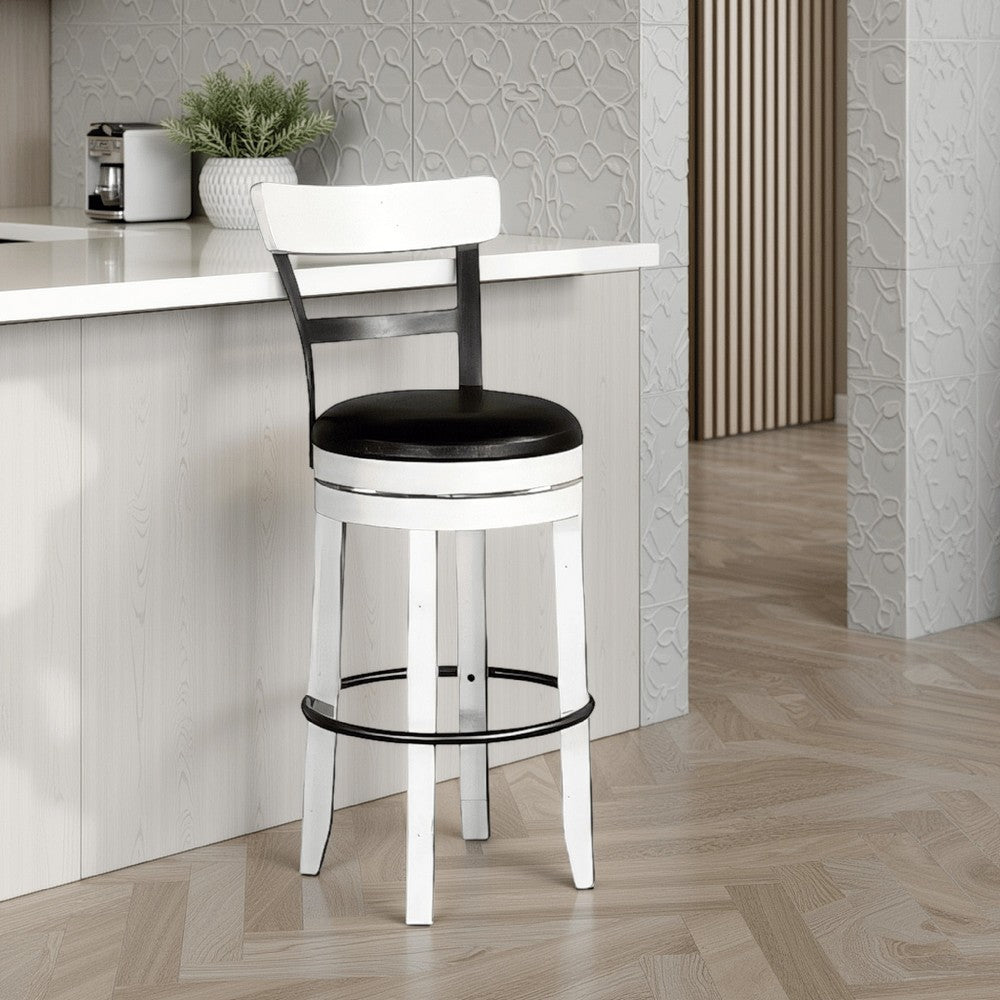 Benjara Orso Swivel Barstool Chair Set of 2, Black Faux Leather, White, Black