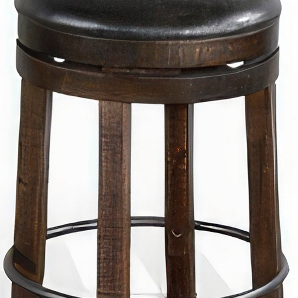 Benjara Flint Swivel Counter Stool Set of 2, Black Faux Leather, Dark Brown