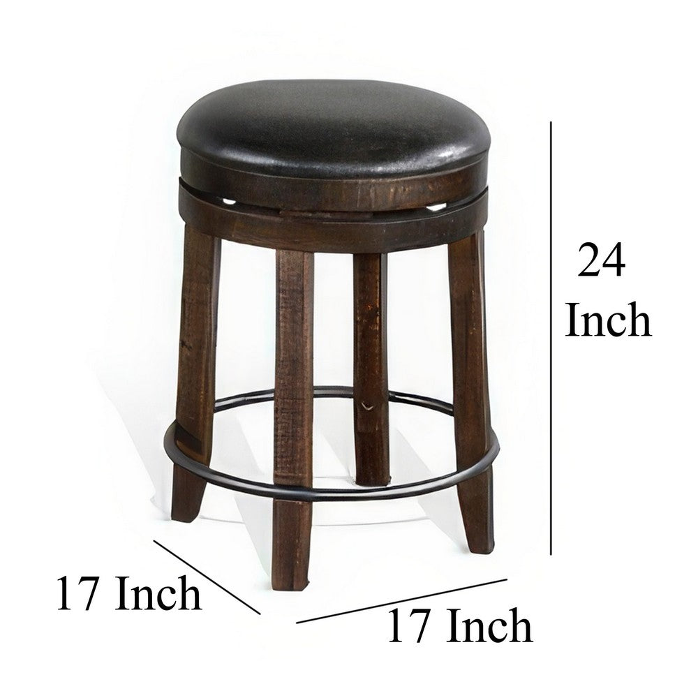 Benjara Flint Swivel Counter Stool Set of 2, Black Faux Leather, Dark Brown