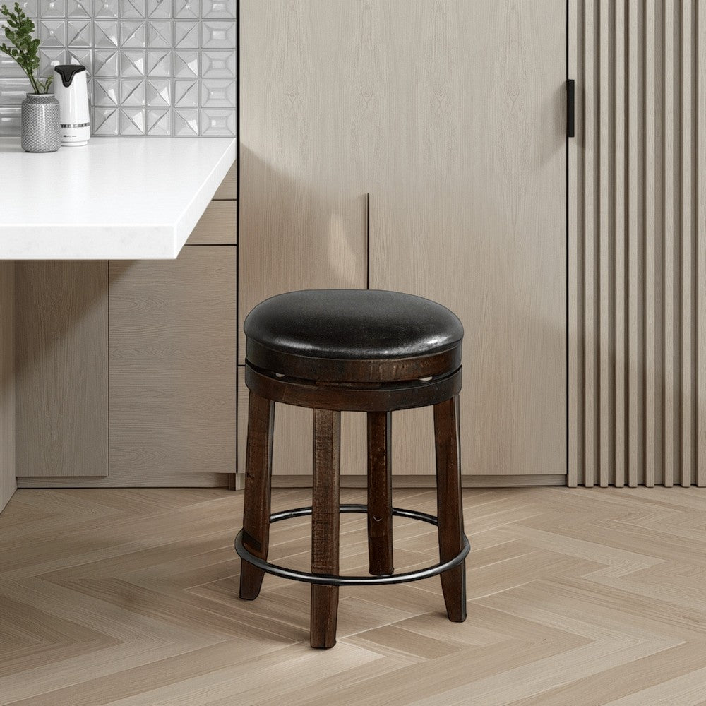 Benjara Flint Swivel Counter Stool Set of 2, Black Faux Leather, Dark Brown
