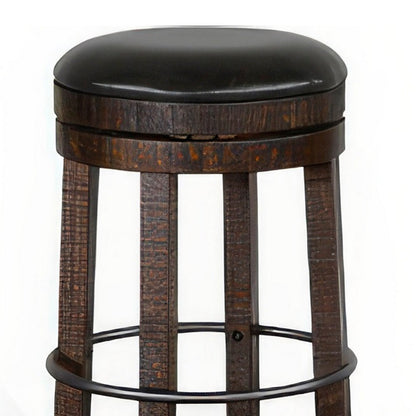 Benjara Flint Swivel Barstool Set of 2, Black Faux Leather, Dark Brown Wood