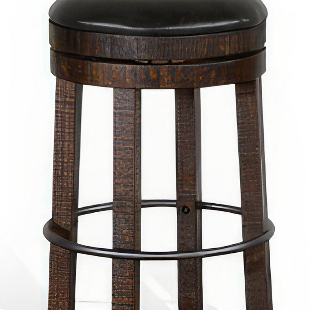 Benjara Flint Swivel Barstool Set of 2, Black Faux Leather, Dark Brown Wood