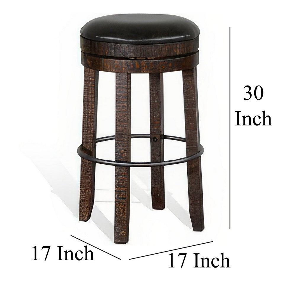 Benjara Flint Swivel Barstool Set of 2, Black Faux Leather, Dark Brown Wood