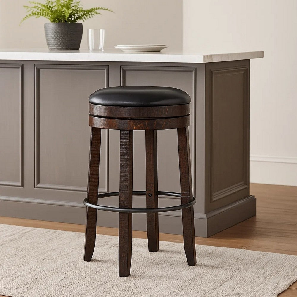 Benjara Flint Swivel Barstool Set of 2, Black Faux Leather, Dark Brown Wood