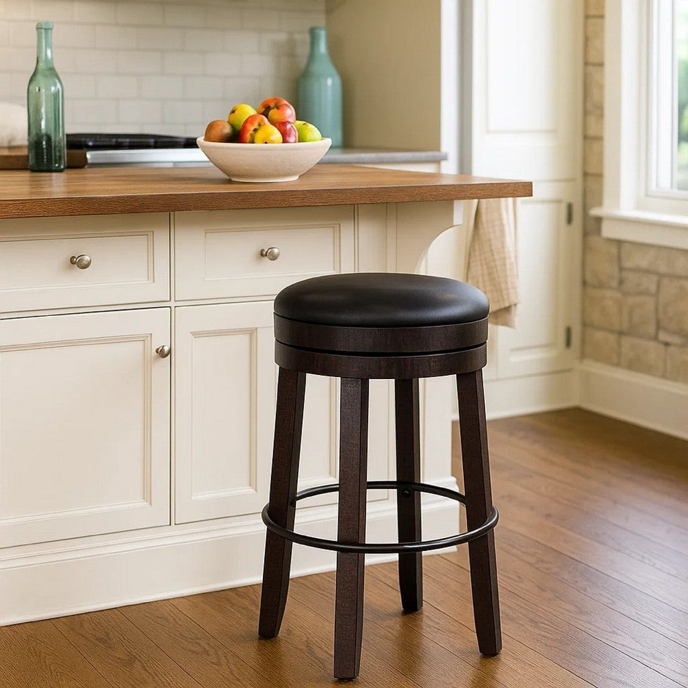 Benjara Flint Swivel Barstool Set of 2, Black Faux Leather, Dark Brown Wood