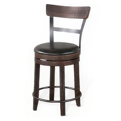 Benjara Flint Swivel Counter Stool Chair Set of 2, Black Faux Leather, Brown