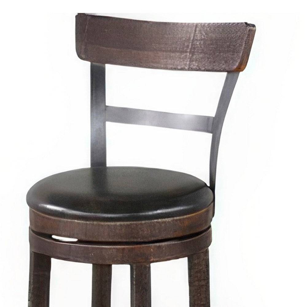 Benjara Flint Swivel Counter Stool Chair Set of 2, Black Faux Leather, Brown
