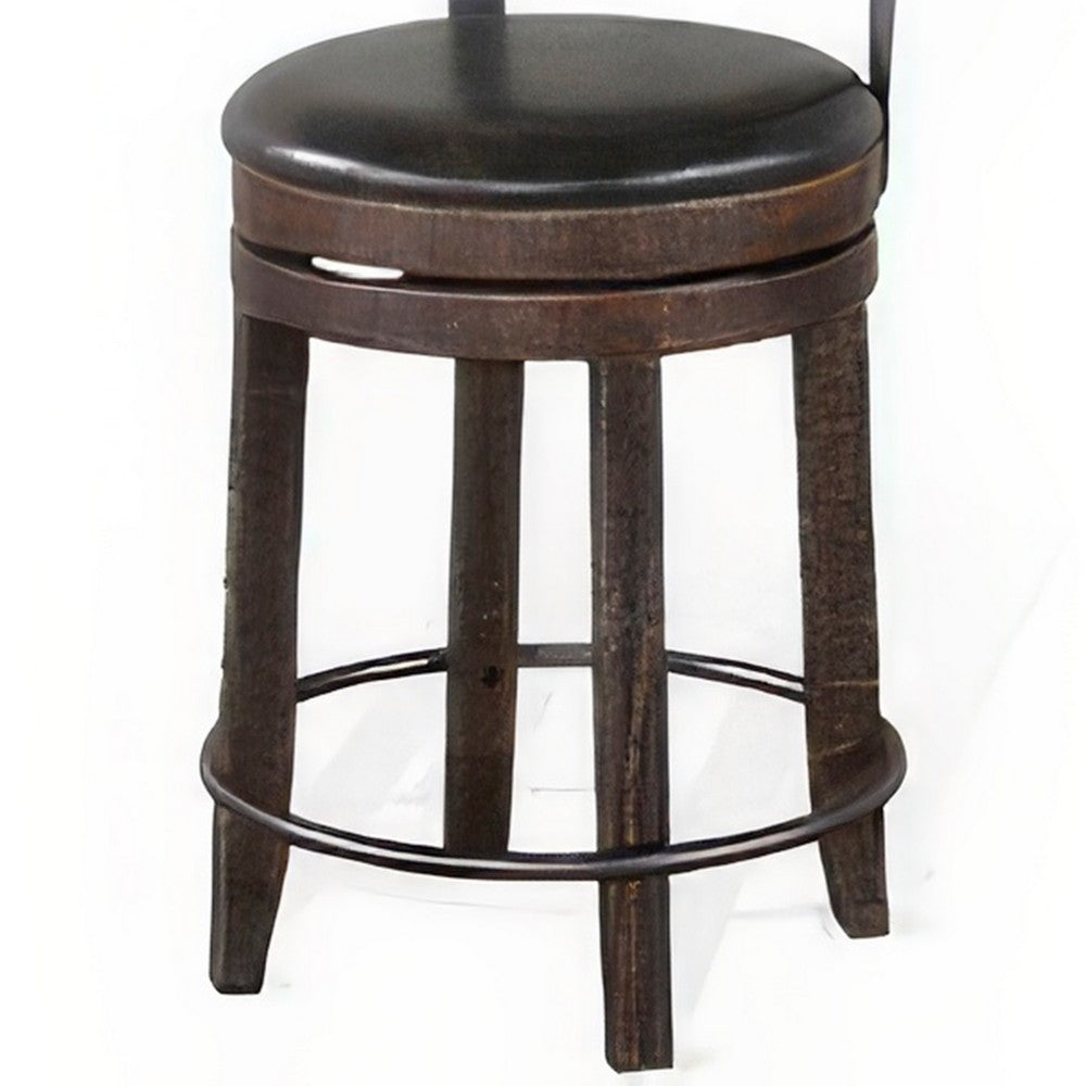 Benjara Flint Swivel Counter Stool Chair Set of 2, Black Faux Leather, Brown