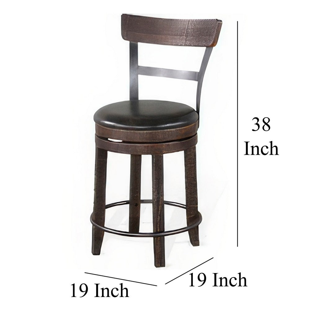 Benjara Flint Swivel Counter Stool Chair Set of 2, Black Faux Leather, Brown