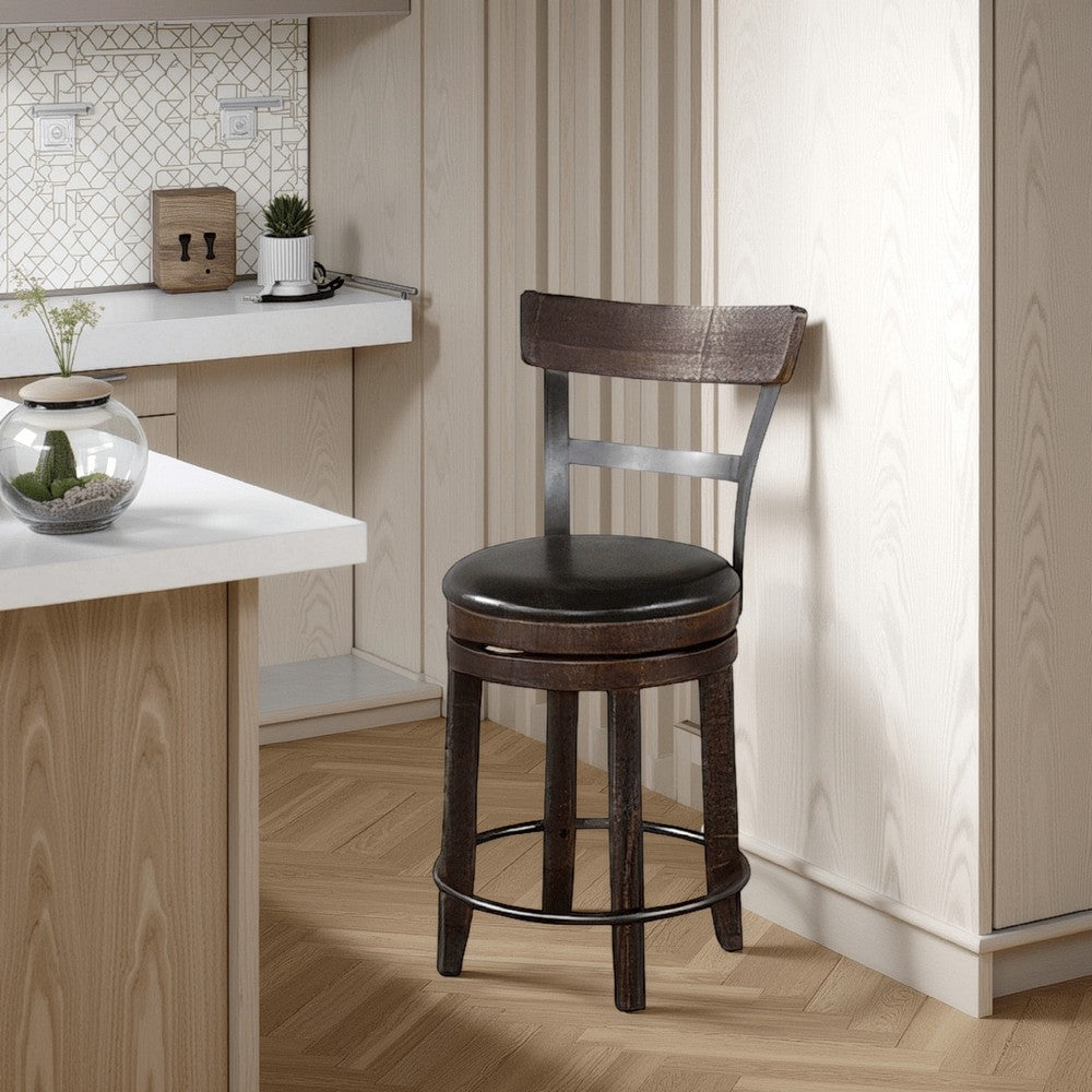 Benjara Flint Swivel Counter Stool Chair Set of 2, Black Faux Leather, Brown