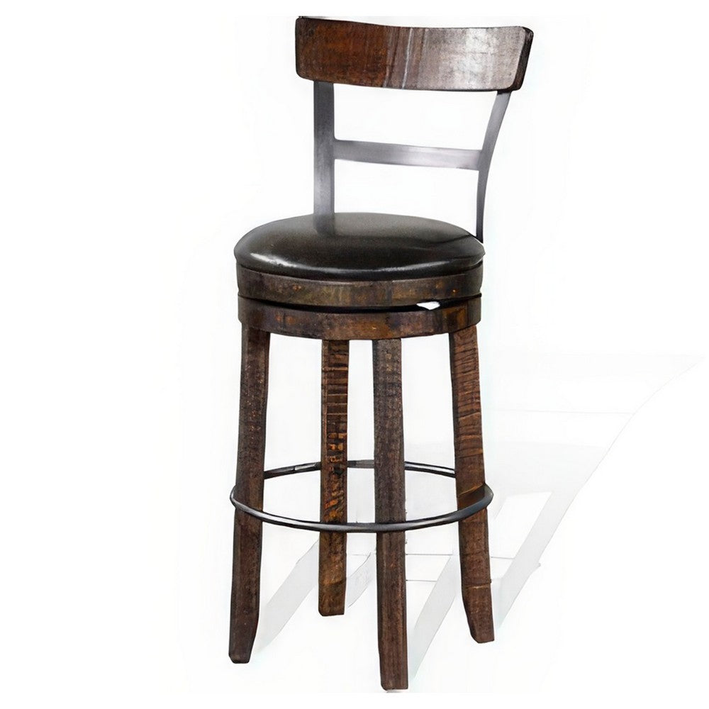 Benjara Flint Swivel Barstool Chair Set of 2, Black Faux Leather, Dark Brown
