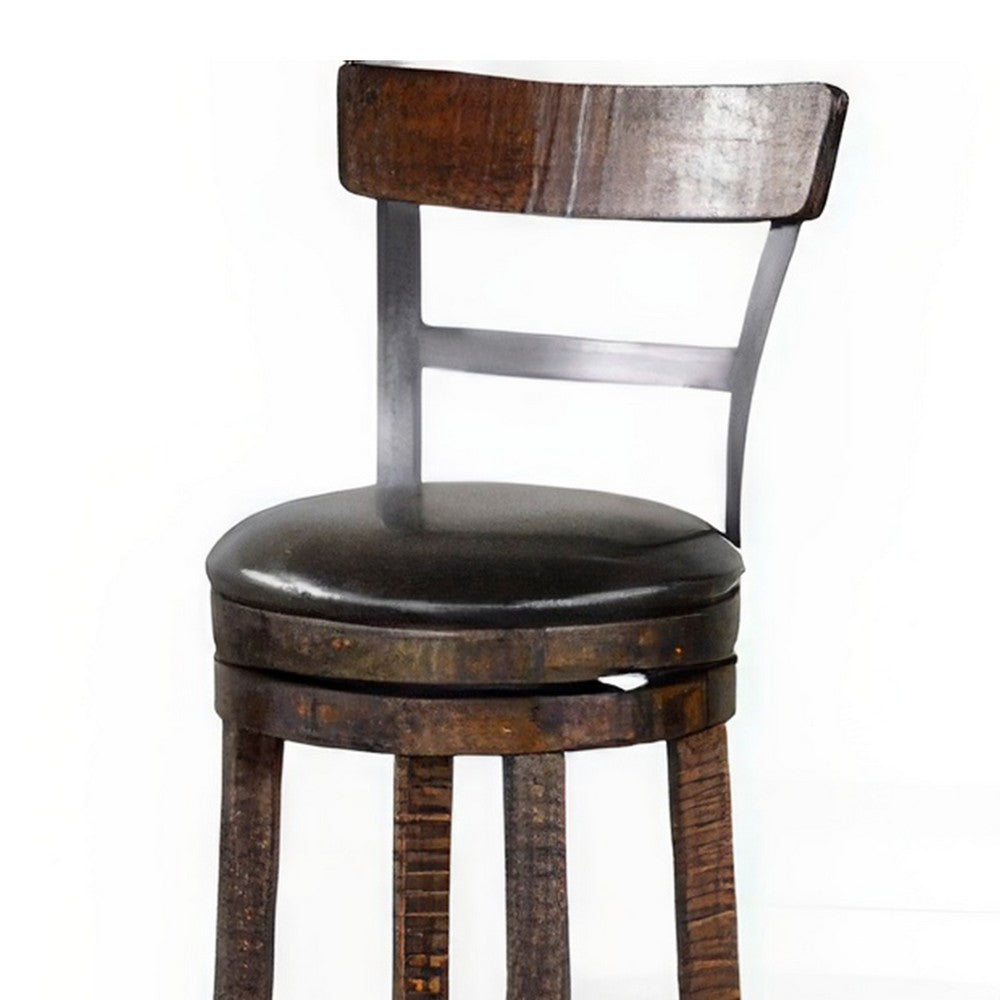 Benjara Flint Swivel Barstool Chair Set of 2, Black Faux Leather, Dark Brown