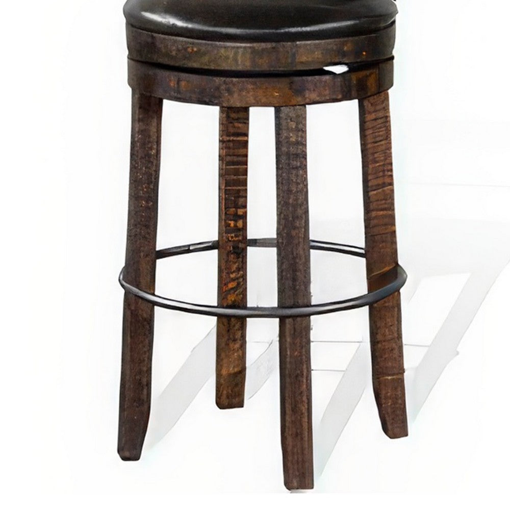 Benjara Flint Swivel Barstool Chair Set of 2, Black Faux Leather, Dark Brown