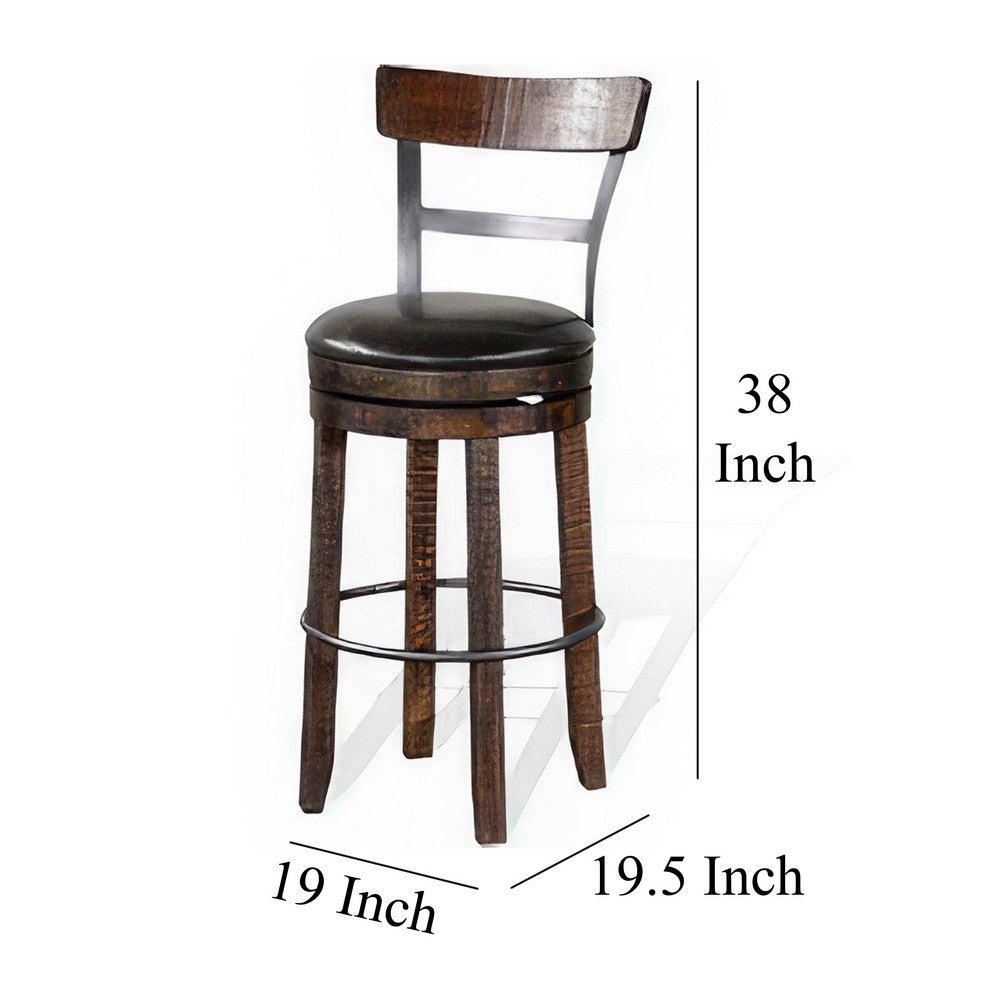 Benjara Flint Swivel Barstool Chair Set of 2, Black Faux Leather, Dark Brown