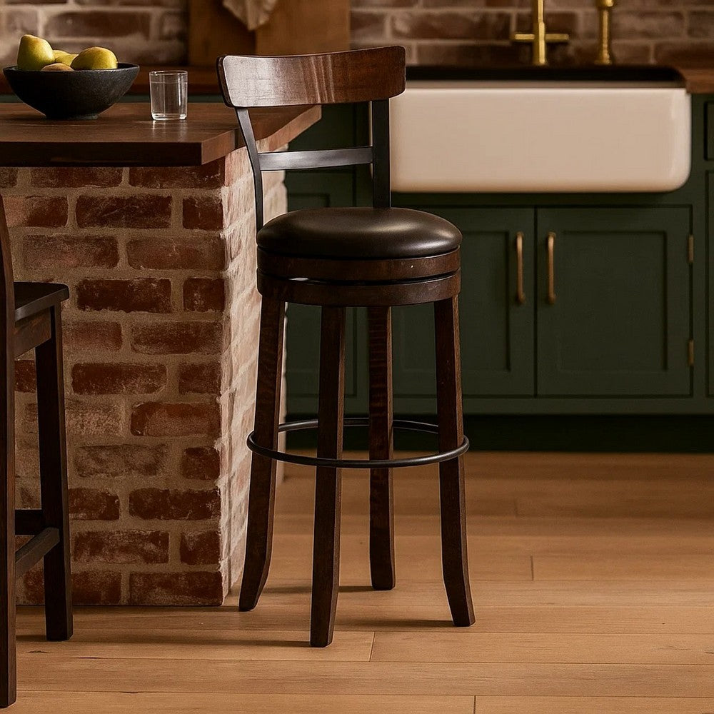 Benjara Flint Swivel Barstool Chair Set of 2, Black Faux Leather, Dark Brown