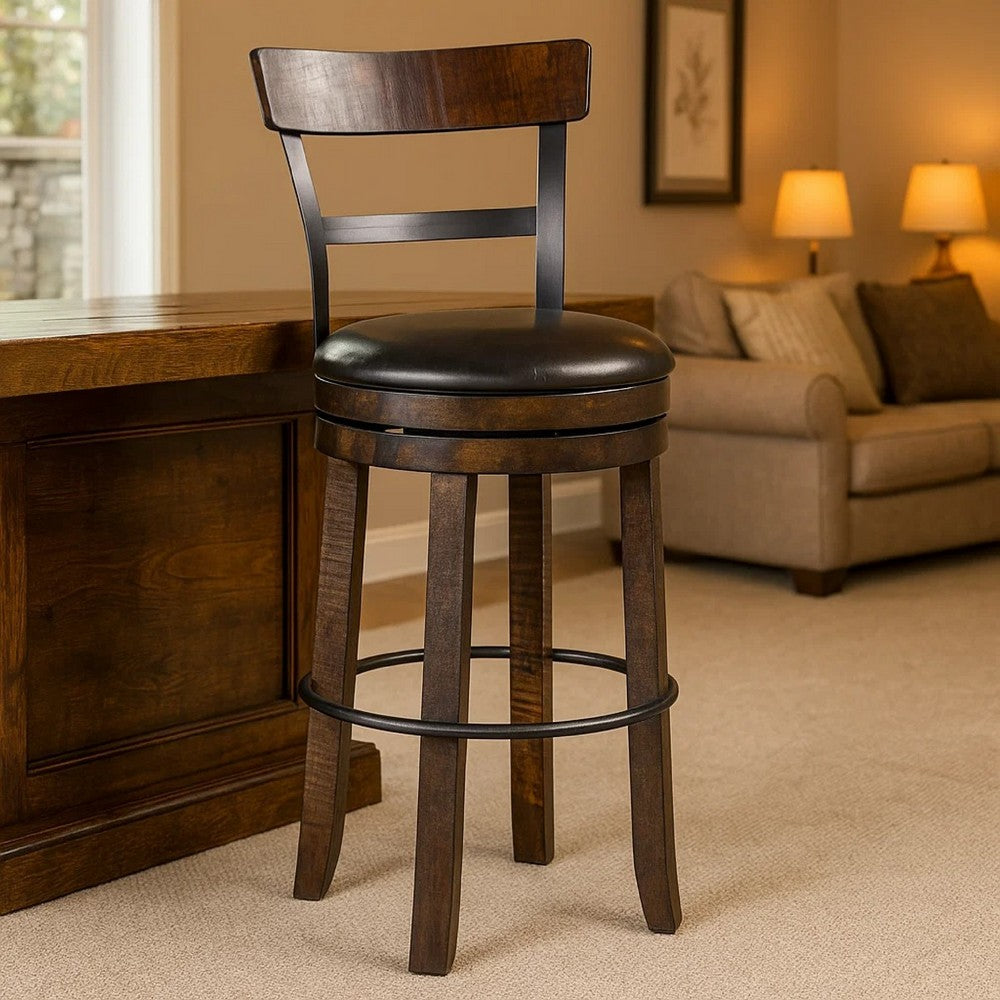 Benjara Flint Swivel Barstool Chair Set of 2, Black Faux Leather, Dark Brown