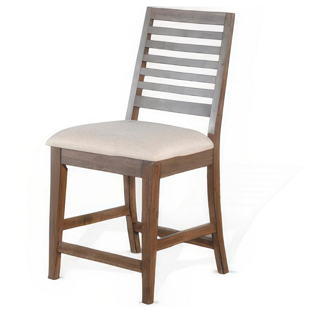 Benjara Yael Counter Height Stool Set of 2, Ivory White, Light Brown Wood