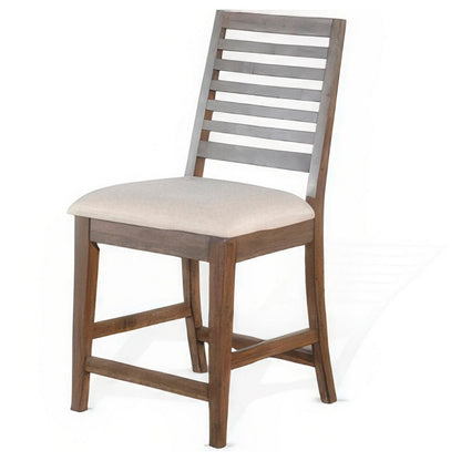 Benjara Yael Counter Height Stool Set of 2, Ivory White, Light Brown Wood