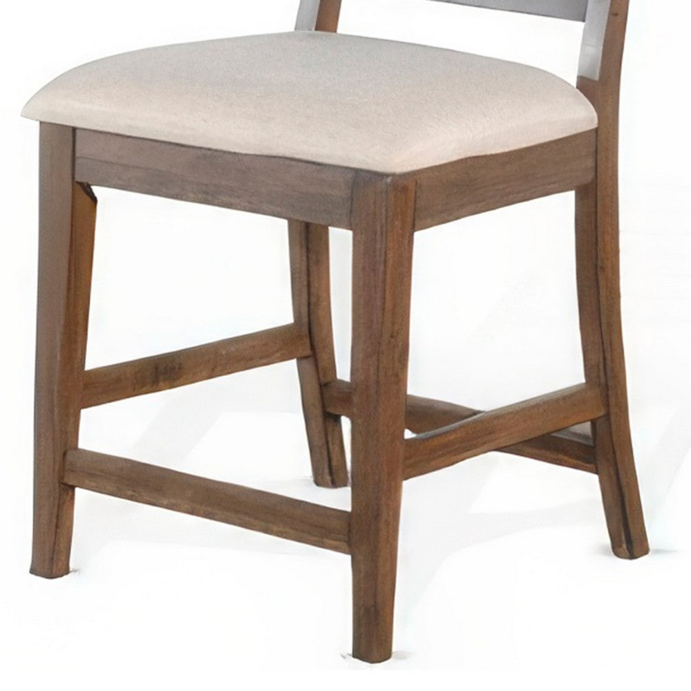 Benjara Yael Counter Height Stool Set of 2, Ivory White, Light Brown Wood