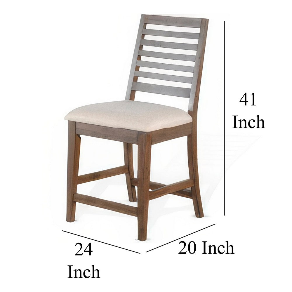 Benjara Yael Counter Height Stool Set of 2, Ivory White, Light Brown Wood