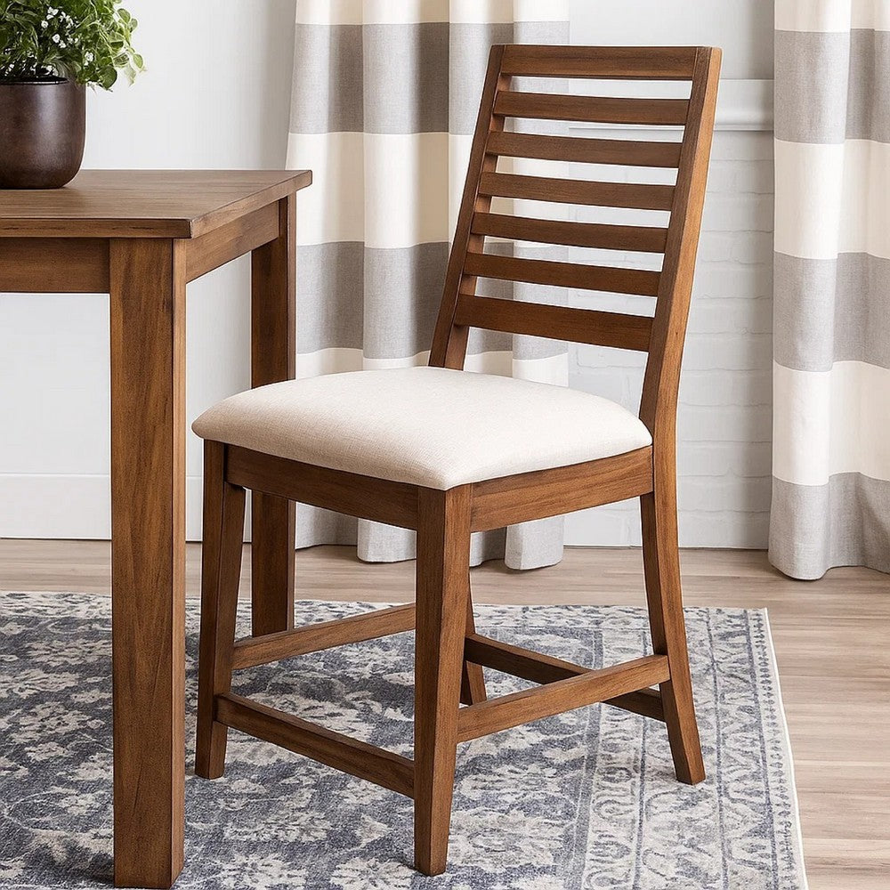 Benjara Yael Counter Height Stool Set of 2, Ivory White, Light Brown Wood